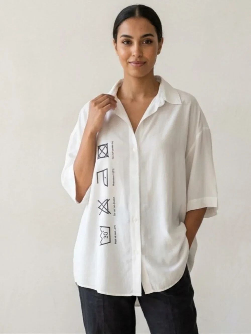 ZARA Oversized Graphic Care Label Button Up Shirt White Size L Made in Morocco